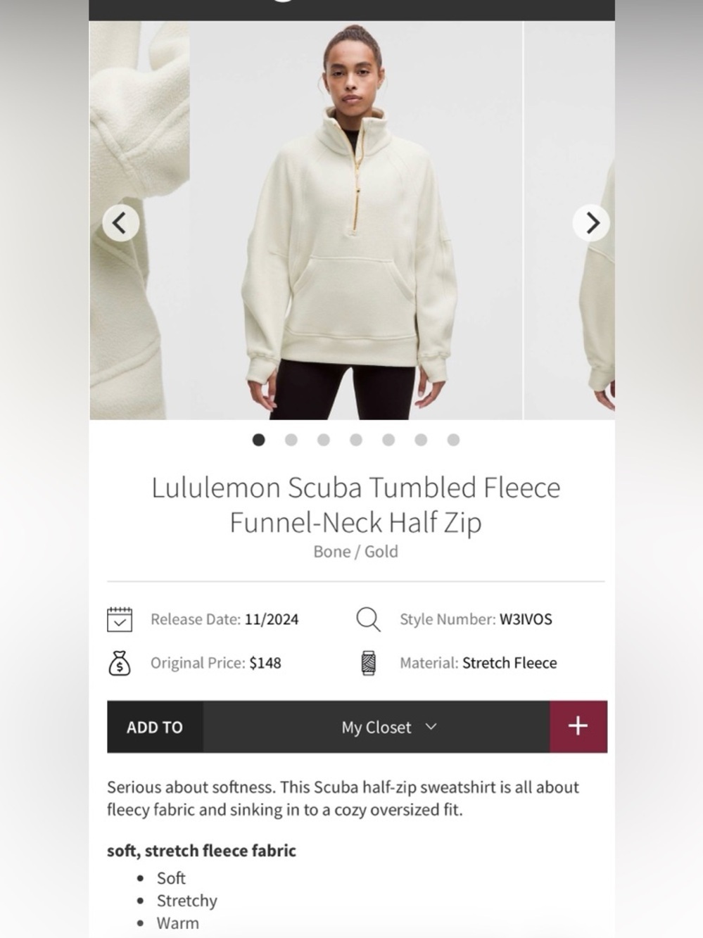 Lululemon Scuba Tumbled Fleece Funnel-Neck Half Zip in Bone/Gold - Picture 4 of 4